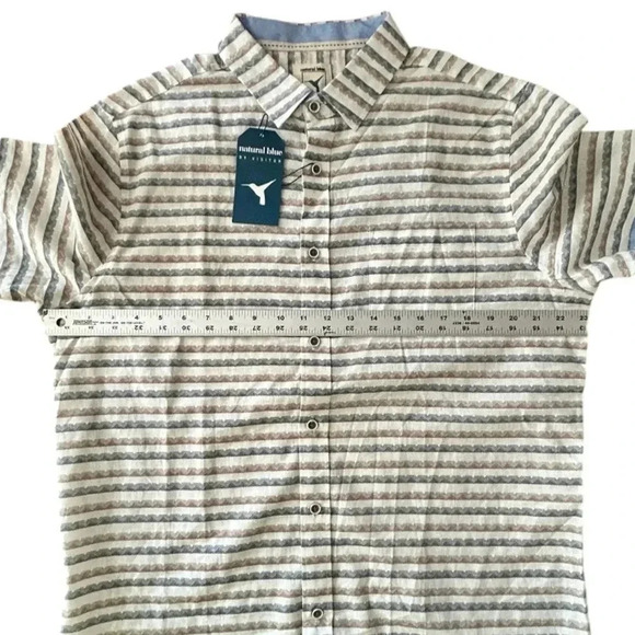 NATURAL BLUE Striped Shirt sz L Brown Blue & White LINEN/COTTON Short Sleeve NWT - Picture 5 of 10